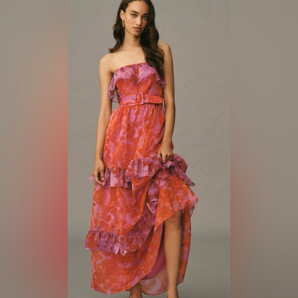 $258 Anthropologie Tiered Floral Maxi Dress with Detachable Belt